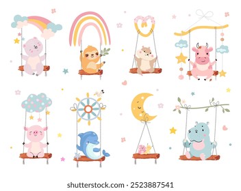 Animales de dibujos animados en columpios. Oso cerdo delfín hipopótamo caracol hámster y perezoso montando en el swing mágico. Bebé personajes felices para impresiones, hoy en día conjunto de Vector