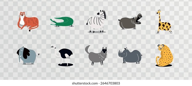 Cartoon animals on transparent background: tiger, crocodile, zebra, hippo, giraffe, dog, bird, cat, rhino, cheetah. Cute and colorful animal illustrations. Animal illustrations, isolated vector set.