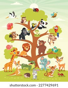 Cartoon Animals On A Tree