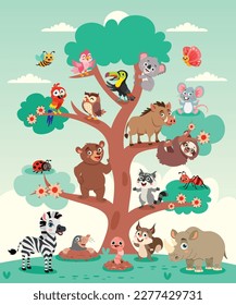 Cartoon Animals On A Tree