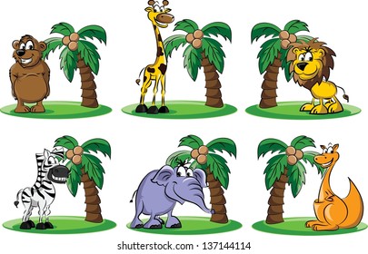 Cartoon animals with palm - vector