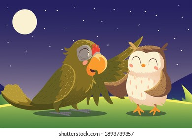 cartoon animals parrot and owl night nature landscape vector illustration