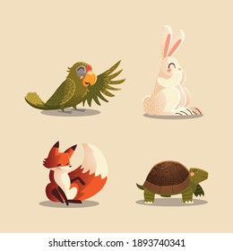 cartoon animals parrot rabbit fox and turtle wildlife vector illustration