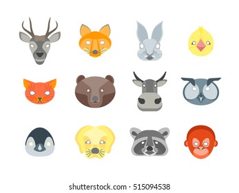 Cartoon Animals Party Mask Set for Costume. Flat Design Style Vector illustration of children character head fun cute animal cat, fox, raccoon, dog and other. Birthday, masquerade festival