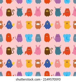 Cartoon animals pattern on pink background. Seamless pets. Hippopotamus, Lion, Cat, Elephant, Rabbit, Monkey, Deer, Horse, Cow, Parrot, Pig, Dog. Flat design. 