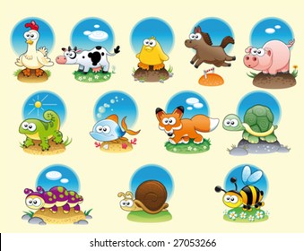 Cartoon animals and pets with background