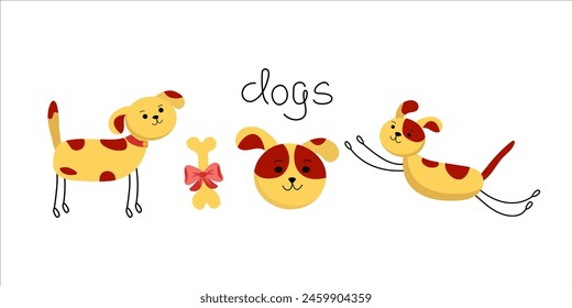 Cartoon animals, pets, dogs in different poses. Seth cute puppies. Hand lettering. Vector illustration. Background isolated.