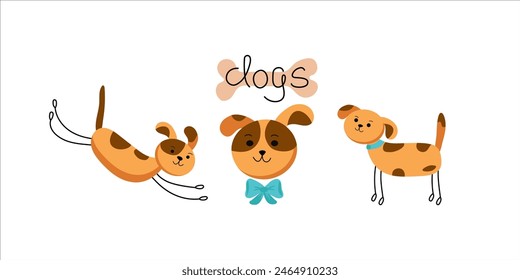 Cartoon animals, pets, dogs in different poses. Seth cute puppies. Hand lettering. Vector illustration. Background isolated.