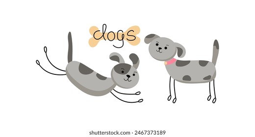 Animales de dibujos animados, mascotas, perros en diferentes poses. Coloca lindos cachorros. Letras a mano. Ilustración vectorial. Fondo aislado.
