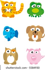 cartoon of animals (pig, frog, kitten, owl, fish)