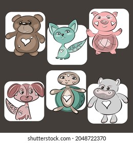 Cartoon animals. Pig, kitty, hippo, turtle, dog, bear. Children's style. Wallpaper, decoration of the children's room. Isolated vector objects.