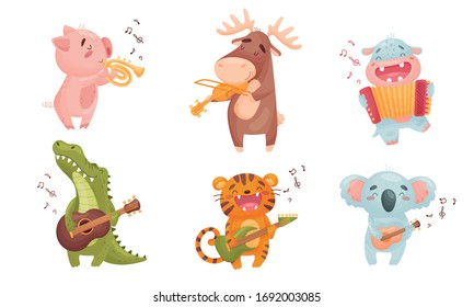 Cartoon Animals Playing Musical Instruments with Crocodile Playing Guitar Vector Set