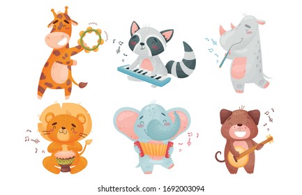 Vektor Stok Cartoon Animals Playing Musical Instruments Hippo (Tanpa
