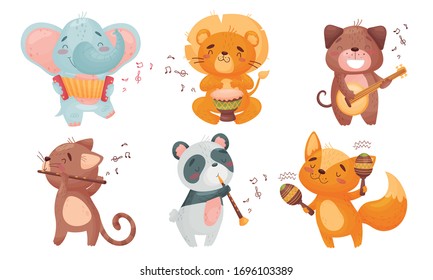 Cartoon Animals Playing Musical Instruments with Cat Fluting Vector Set