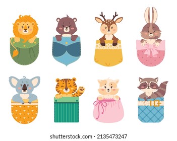 Cartoon animals in pockets, lion, tiger, rabbit, cat sitting inside pocket. Cute baby animal characters peeking out patch pocket vector set. Adorable fluffy pet heads isolated on white