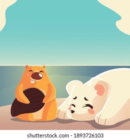 cartoon animals polar bear and beaver natural landscape vector illustration