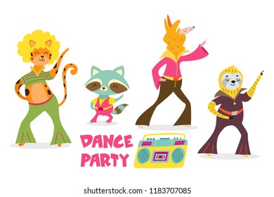 Сute cartoon animals in retro style. Dance party. Vector illustration for posters, cards, invitation.