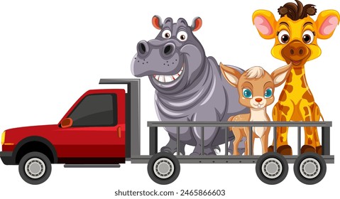 Cartoon animals riding in a red pickup truck