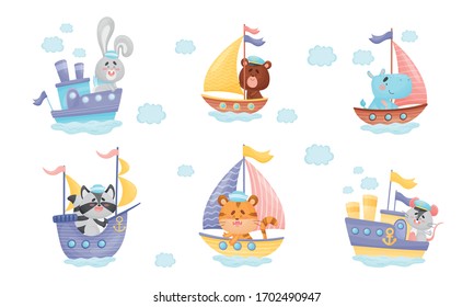 Cartoon Animes in Sailor Hats Boating and Segeling Vektorillustration Set