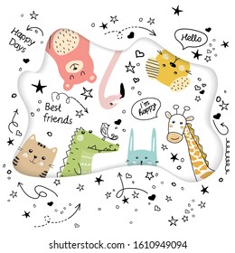 Cartoon animals in scandinavian style. Sketch. Doodle.The best friends are bear, crocodile, cat, dog, flamingo, rabbit, giraffe for t-shirt print, textile, patch, kid product,pillow, gift. Vector. 