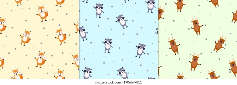 Cartoon animals seamless pattern. Cheerful red fox with cute gray raccoon and cool brown deer with flying dots vector.