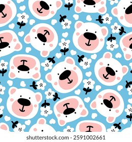 Cartoon animals seamless pattern. Cute teddy bears and flowers for repeat print for clothes, covers, wrapping paper. Drawn faces of kind polar bears. design for baby shower, party nest, gender party.