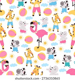 Cartoon animals seamless pattern. Cute giraffe and zebra at beach. Happy hippopotamus with flamingo play ball. Summer games. Repeated print. Funny characters having fun at vacation. Vector background