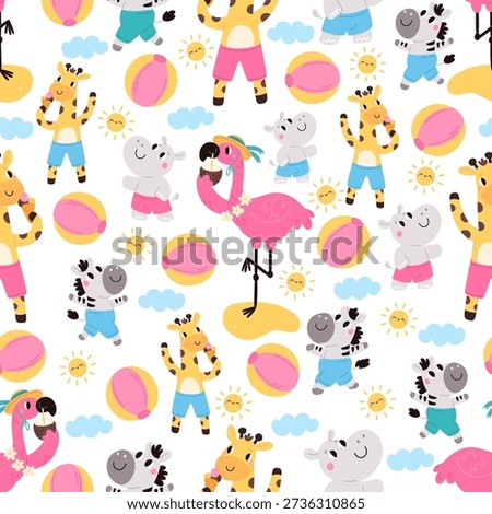 Cartoon animals seamless pattern. Cute giraffe and zebra at beach. Happy hippopotamus with flamingo play ball. Summer games. Repeated print. Funny characters having fun at vacation. Vector background