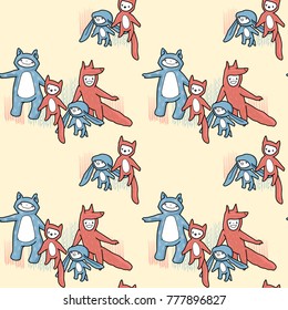 Cartoon animals seamless pattern. Hand drawn illustation.