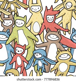 Cartoon animals seamless pattern. Hand drawn illustation.