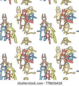 Cartoon animals seamless pattern. Hand drawn illustation.