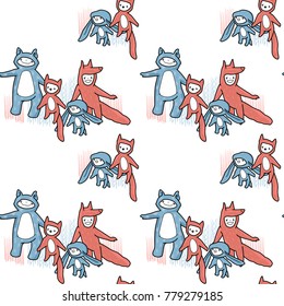 Cartoon animals seamless pattern. Hand drawn illustation.