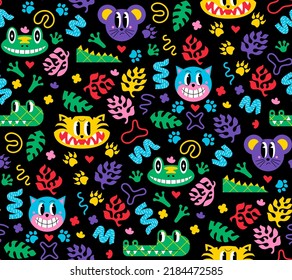 Cartoon animals seamless pattern. Vector illustration in retro flat design, vintage comic style.