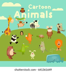 Cartoon Animals Set. African, Forest and Ocean Wild Animals. Vector Illustration.