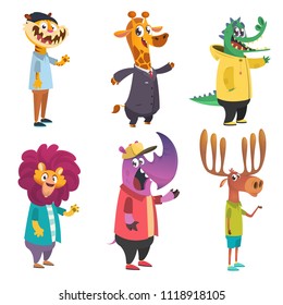 Cartoon animals set. Animal in clothing. Casual style. Cartoon vector illustration. Tiger, giraffe, lion, crocodile, moose, rhino. Flat style illustration
