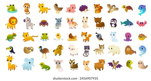 Cartoon animals set. Big vector collection of cute colorful animals. Bundle of funny baby animals.