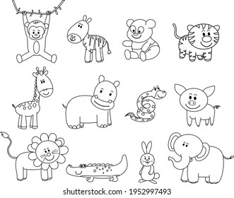 Cartoon animals set black line drawing vector illustration