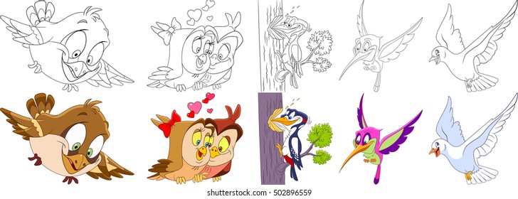 Cartoon animals set. Collection of birds. Sparrow, owls in love on Valentines Day, woodpecker, hummingbird, pigeon (dove). Coloring book pages for kids.