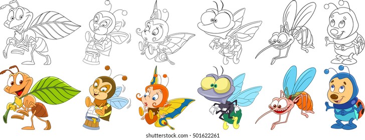 Cartoon animals set. Collection of insects. Busy ant, bee (bumblebee) with honey, butterfly, house fly, mosquito (gnat, midge), ladybug (ladybird). Coloring book pages for kids.