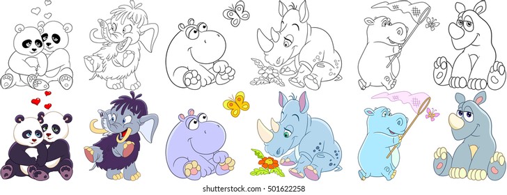 Cartoon animals set. Collection of mammals. Panda bears in love, mammoth (elephant), hippo (hippopotamus, behemoth), butterfly, rhino (rhinoceros) and daisy flower. Coloring book pages for kids.