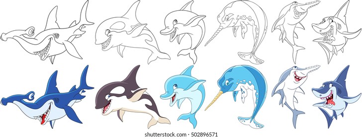 Conjunto de animais de desenho animado. Coleção de predadores subaquáticos. Hammerhead, baleia assassina, golfinho, narval, peixe de serra, tubarão. Páginas de livros para colorir para crianças.