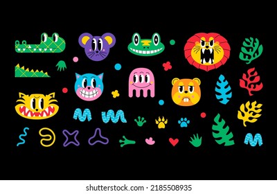 Cartoon animals set - crocodile, mouse, cat, tiger, lion, jellyfish, beaver, Vector characters collection in retro flat design, vintage comic style.