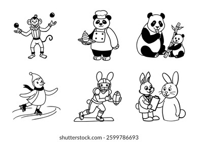 Cartoon animals set with funny characters including a cat, dog, rabbit, bear, and monster, designed for children with a fun and playful style, perfect for Halloween-themed illustrations and stickers