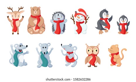Cartoon animals set. New year collection. Pets, bear, mouses, cats with scarfs. Coloring book pages for kids