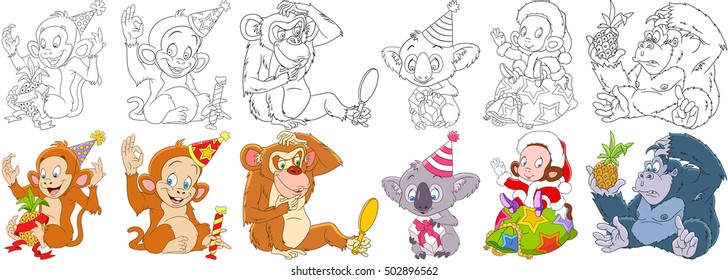 Cartoon animals set. New year collection. Monkey, ape, chimpanzee, gorilla, chimp, orangutan, macaque, koala bear with christmas gifts. Coloring book pages for kids.