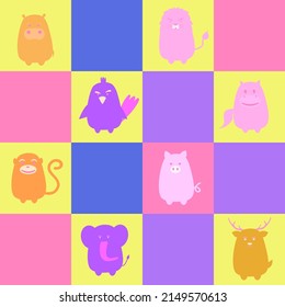 Cartoon animals set on colorful background. Seamless pattern pets. Hippopotamus, Lion, Elephant, Monkey, Deer, Horse, Parrot, Pig. Flat design. 