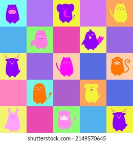 Cartoon animals set on colorful background. Seamless pattern pets. Hippopotamus, Lion, Cat, Elephant, Rabbit, Monkey, Deer, Horse, Cow, Parrot, Pig, Dog. Flat design. 