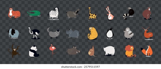 Cartoon animals set on transparent background. Includes tiger, zebra, giraffe, panda, and more. Cute animals in various poses. Animal icons for design. Animal illustrations, isolated vector set.