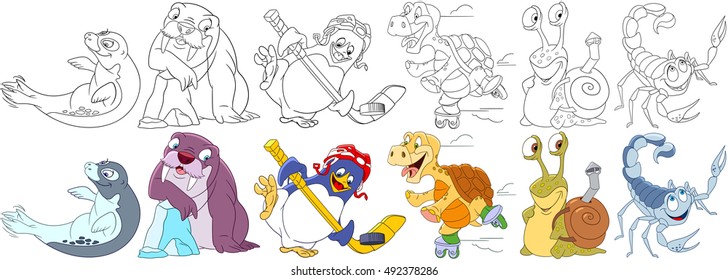 Cartoon animals set. Sea lion (seal), walrus, penguin hockey player, turtle roller skating, snail with a backpack shell, scorpio. Coloring book pages for kids.