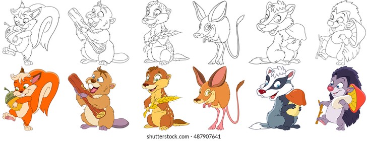 Cartoon animals set. Squirrel with acorn, beaver gnawing wooden log, groundhog (marmot) with wheat ear, jumping jerboa, badger with mushroom, hedgehog with mushroom. Coloring book pages for kids.
